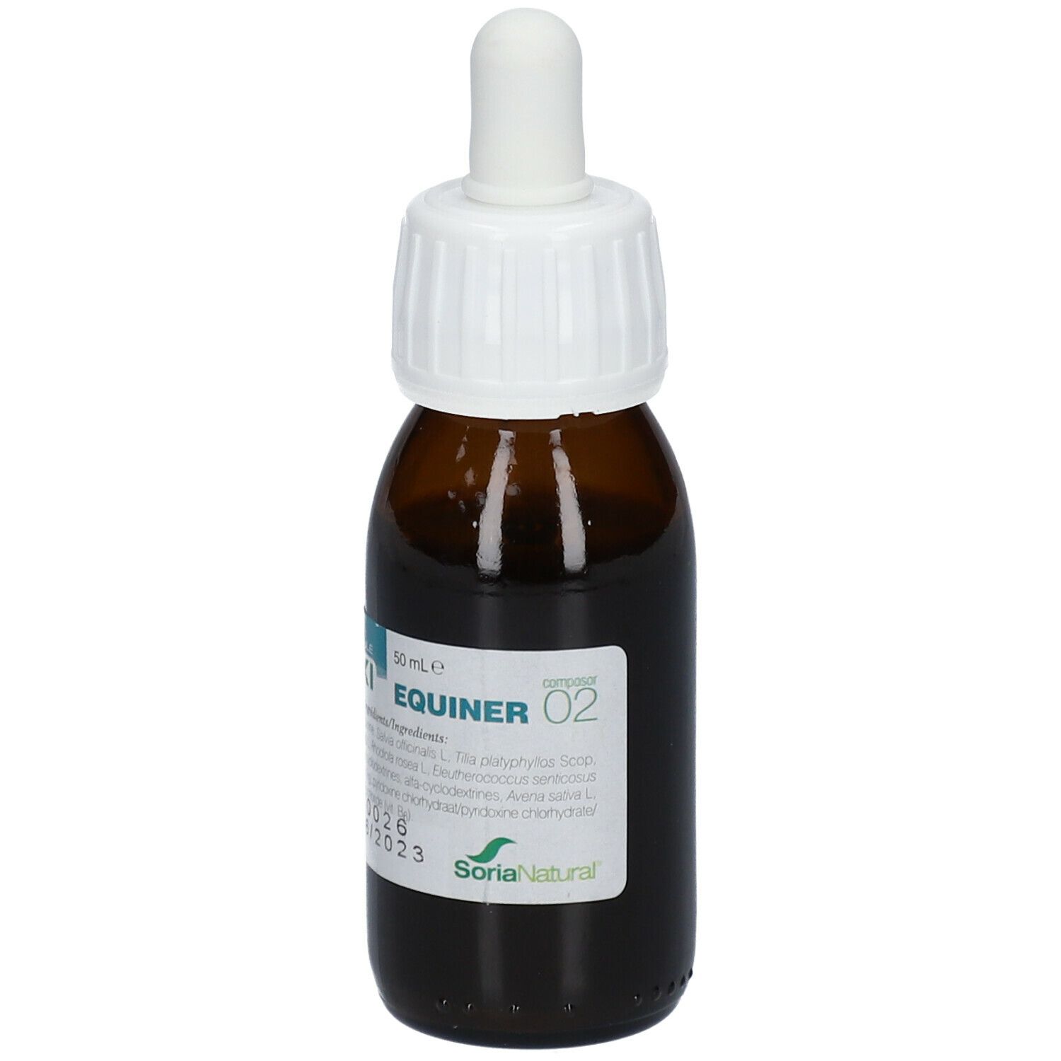 Flacon en verre brun avec bouchon blanc et compte-gouttes. Étiquette avec informations produit. Marque : Soria Natural.