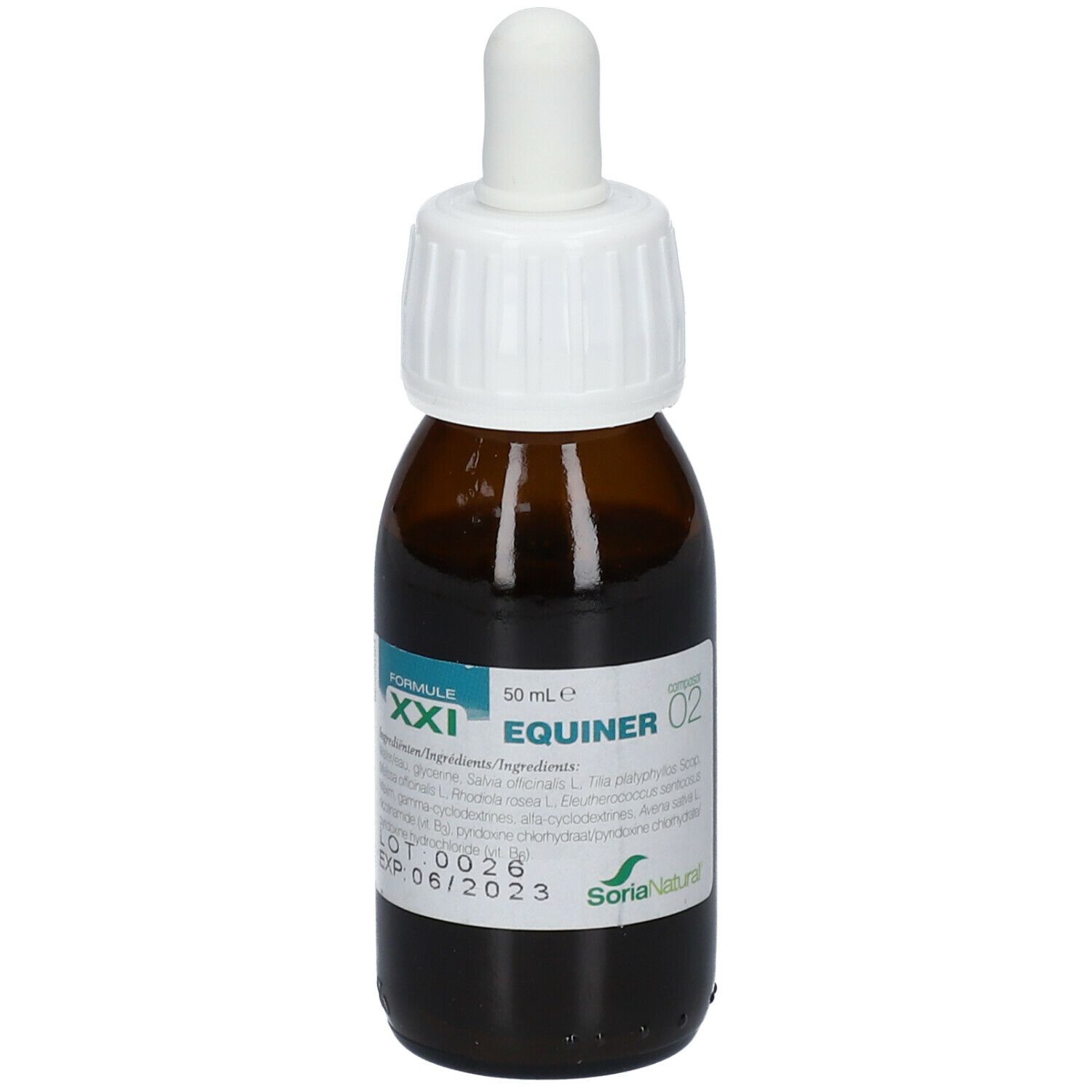 Flacon en verre brun avec bouchon blanc et compte-gouttes. Étiquette avec informations produit. Marque : Soria Natural. Numéro de lot et date d'expiration.