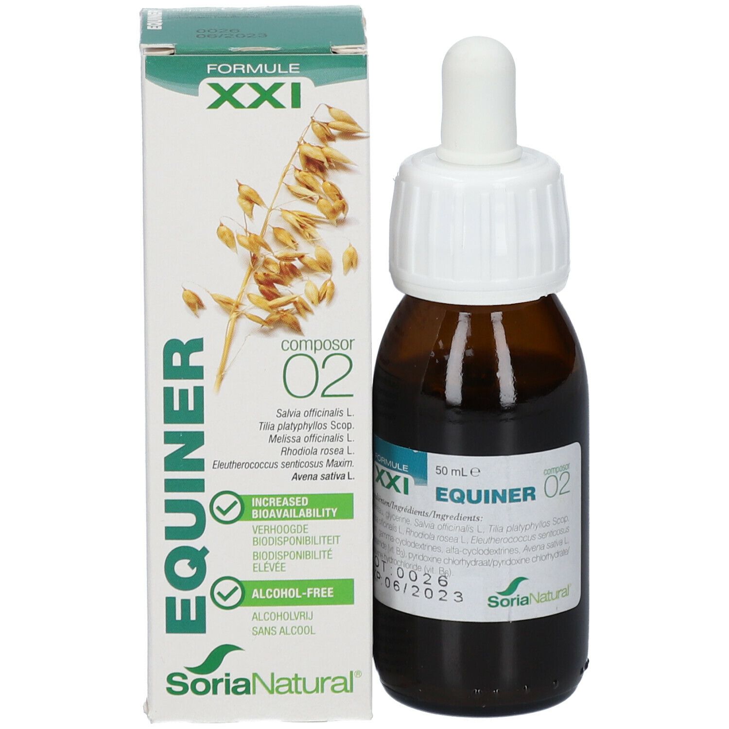 Flacon et emballage du produit. Flacon avec compte-gouttes, verre brun. Emballage avec nom du produit et ingrédients. Marque : Soria Natural.