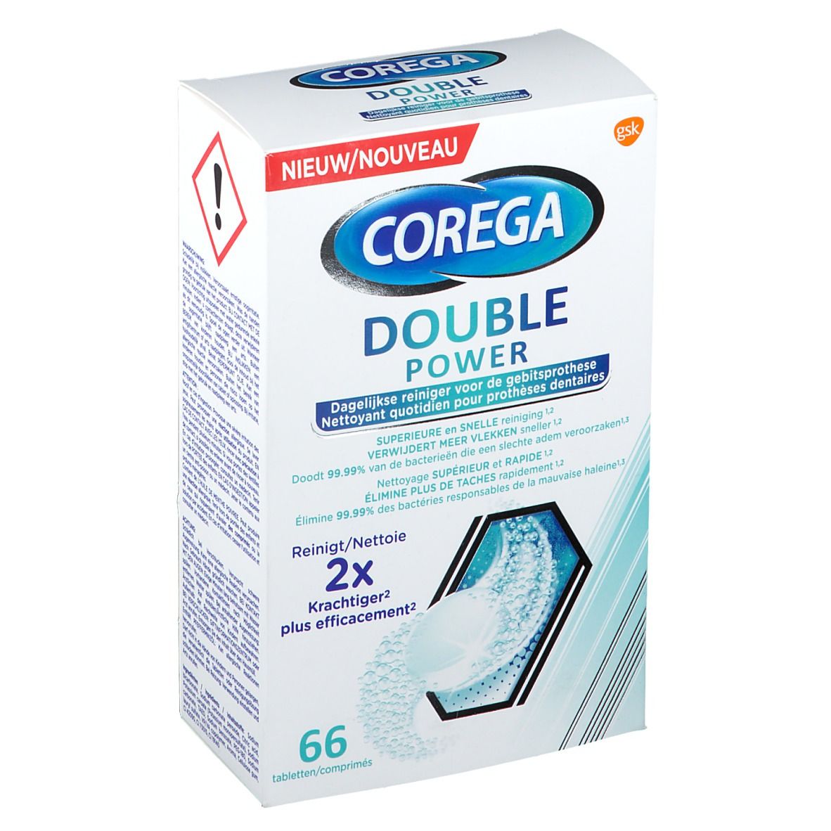 Verpakking COREGA Double Power voor kunstgebitreiniging. Bevat 66 tabletten. Tekst: "Nieuw/Nouveau". Logo GSK. Pictogram van gevaar.