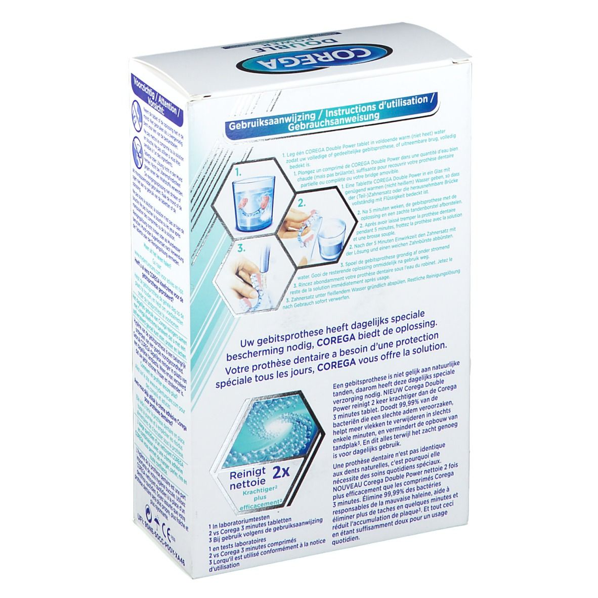 Achterkant van de COREGA Double Power verpakking. Illustraties voor gebruik. Meertalige tekst. Logo GSK.