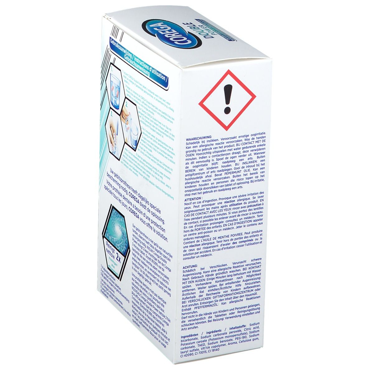 Zijaanzicht van de COREGA Double Power verpakking. Meertalige tekst. Waarschuwing. Logo GSK.