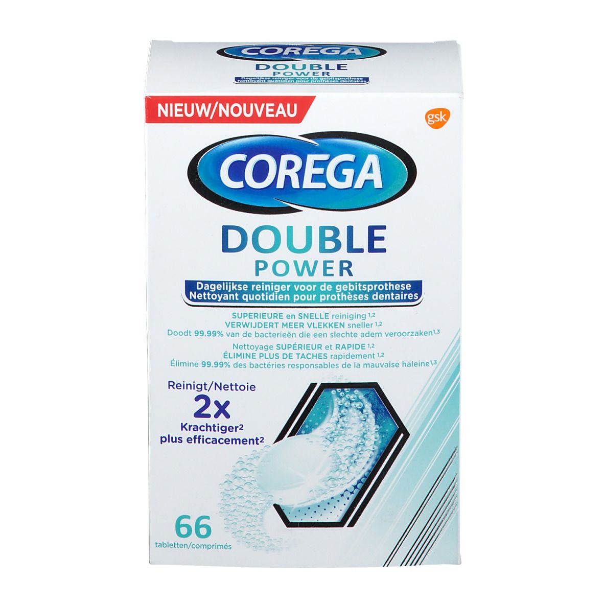 Verpakking COREGA Double Power voor kunstgebitreiniging. Bevat 66 tabletten. Tekst: "Nieuw/Nouveau". Logo GSK.