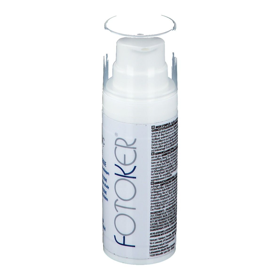 Flacon de crème blanc avec pompe et capuchon transparent. Inscription : FOTOKER.