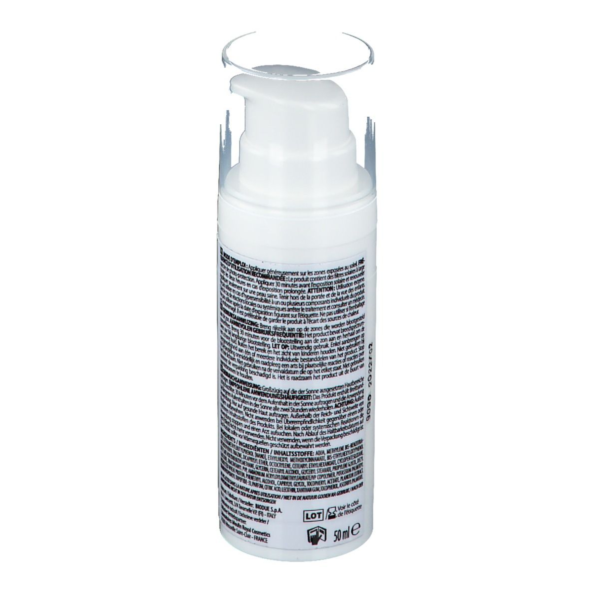 Flacon de crème blanc avec pompe et capuchon transparent. Verso avec texte.