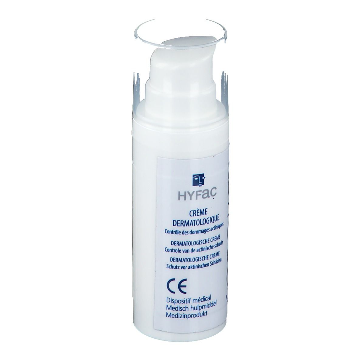 Flacon de crème blanc avec pompe et capuchon transparent. Inscriptions : HYFAC, Crème Dermatologique, marquage CE.