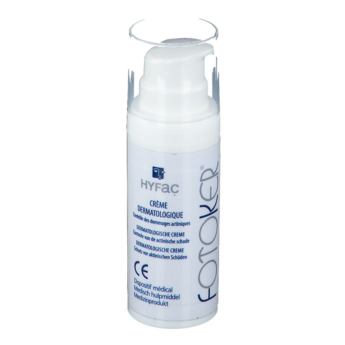 Flacon de crème blanc avec pompe et capuchon transparent. Inscriptions : FOTOKER, HYFAC, Crème Dermatologique.