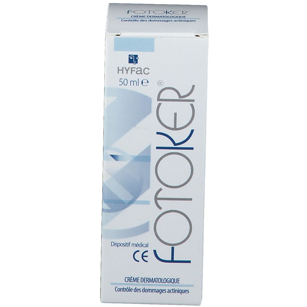 Emballage du produit. Inscriptions : FOTOKER, HYFAC, Crème Dermatologique, 50 ml, marquage CE.