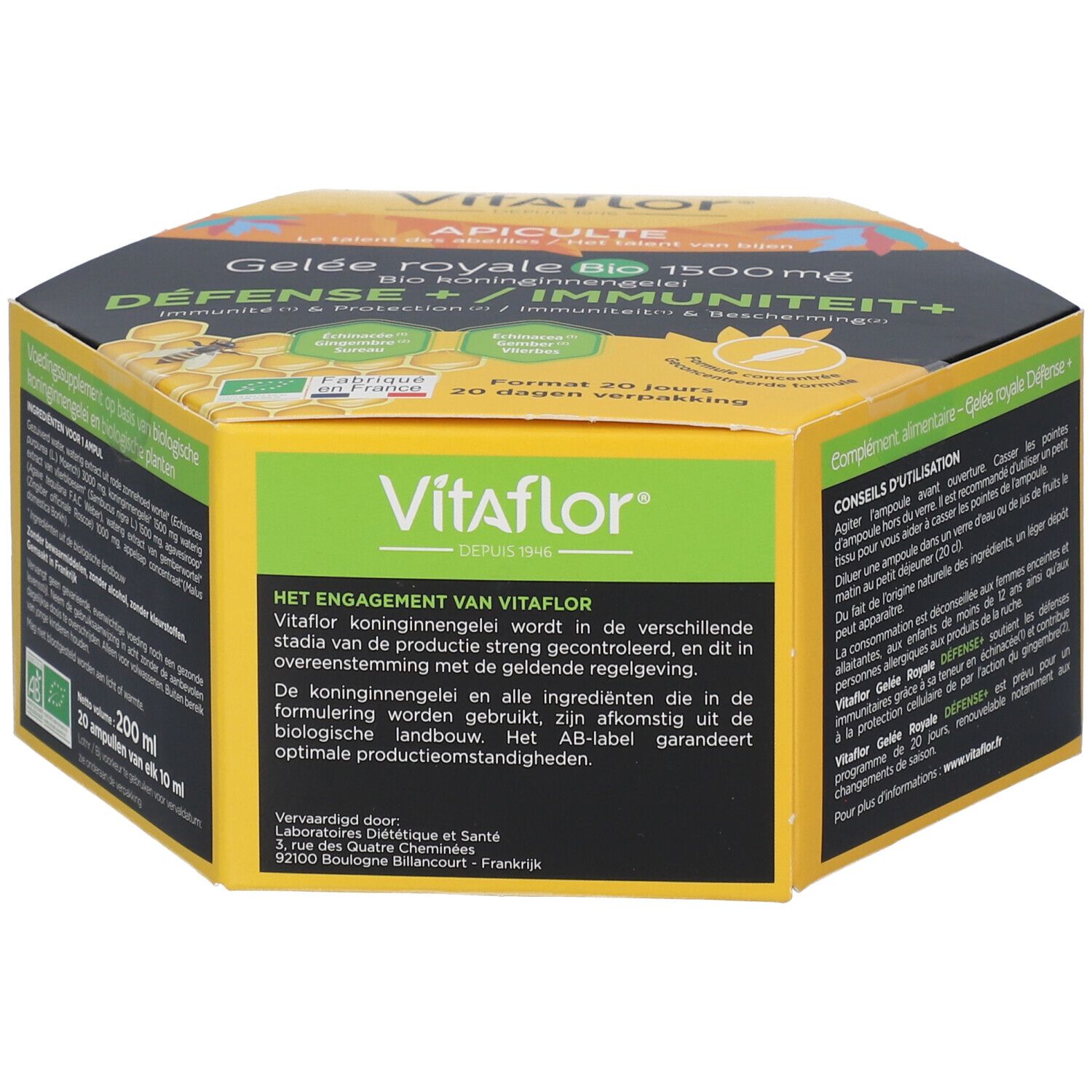 Boîte hexagonale jaune. Logo Vitaflor. Texte: Gelée Royale Bio 1500mg, Défense + Immunité+. 20 ampoules.
