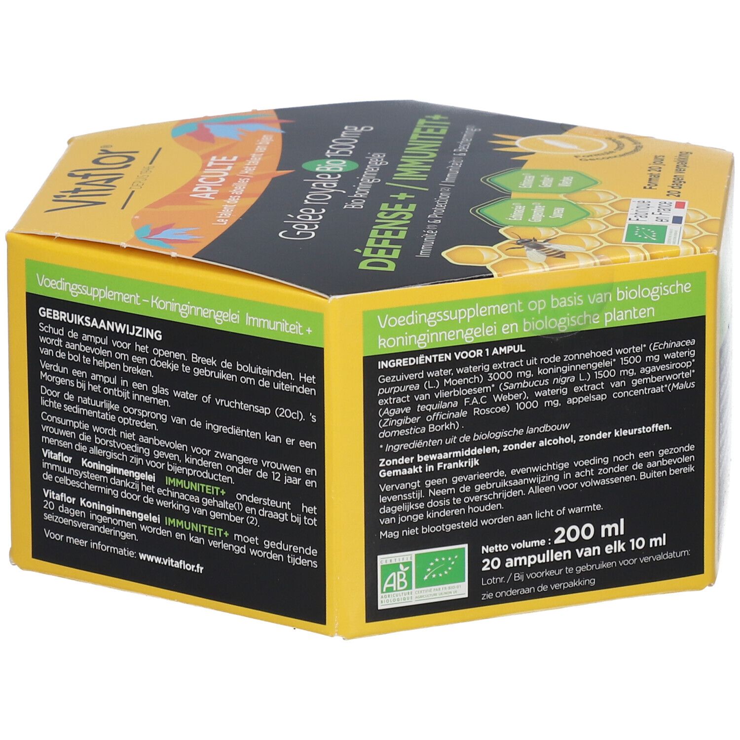 Boîte hexagonale jaune. Logo Vitaflor. Texte: Gelée Royale Bio 1500mg, Défense + Immunité+. 20 ampoules.