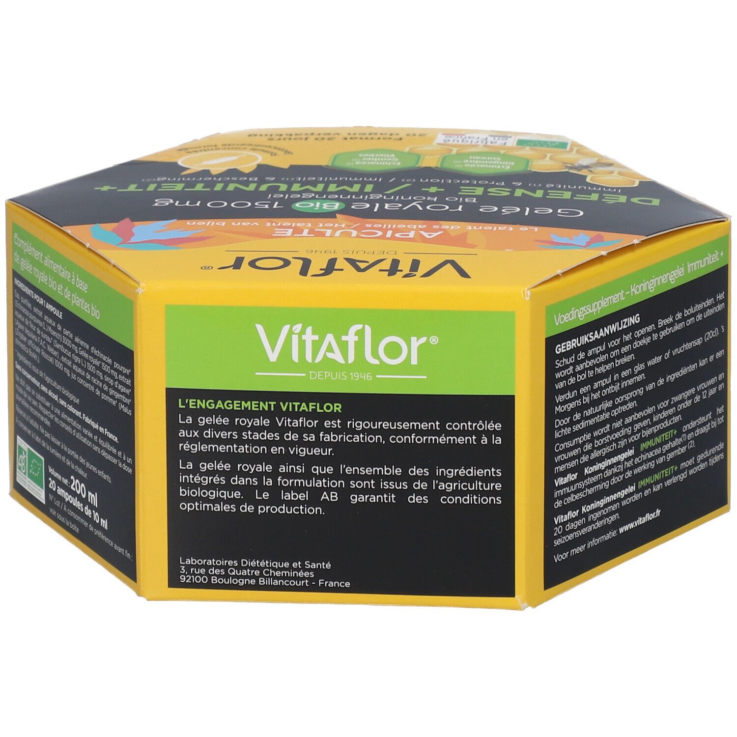 Boîte hexagonale jaune. Logo Vitaflor. Texte: Gelée Royale Bio 1500mg, Défense + Immunité+. 20 ampoules.