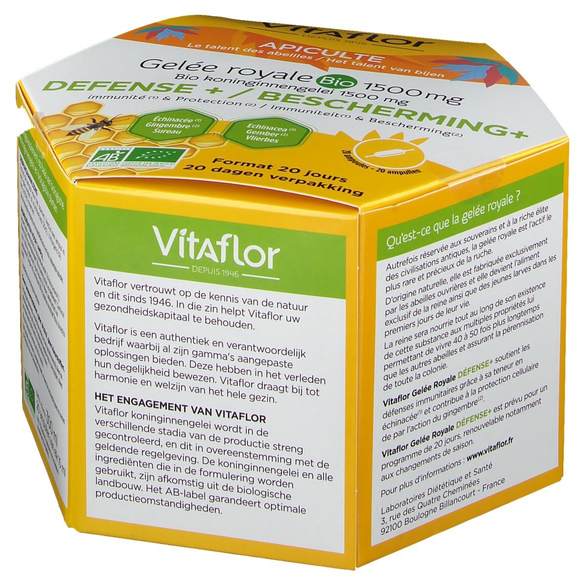 Boîte hexagonale jaune. Logo Vitaflor. Texte: Gelée Royale Bio 1500mg, Défense + Protection+. 20 ampoules.