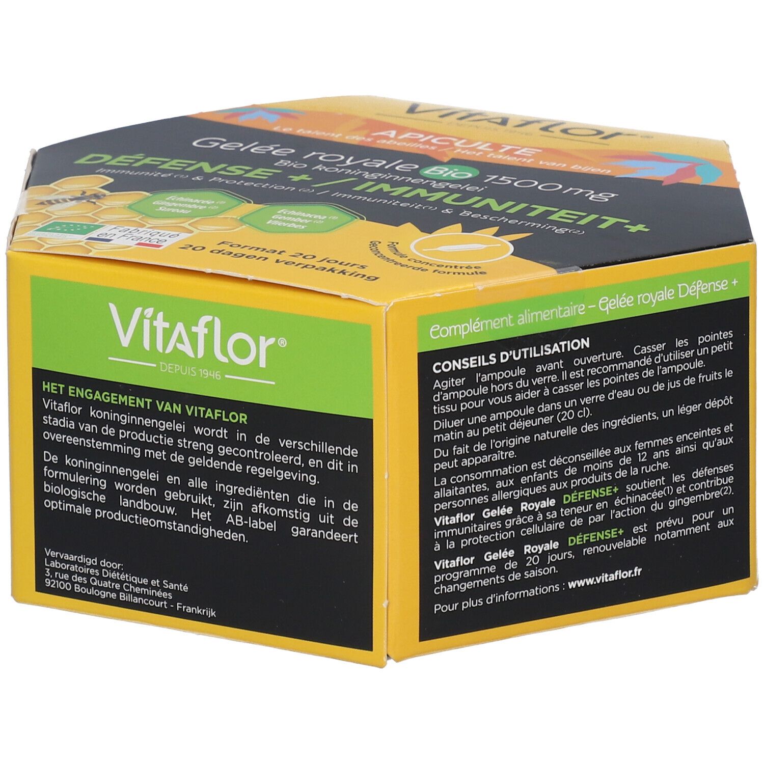 Boîte hexagonale jaune. Logo Vitaflor. Texte: Gelée Royale Bio 1500mg, Défense + Immunité+. 20 ampoules.
