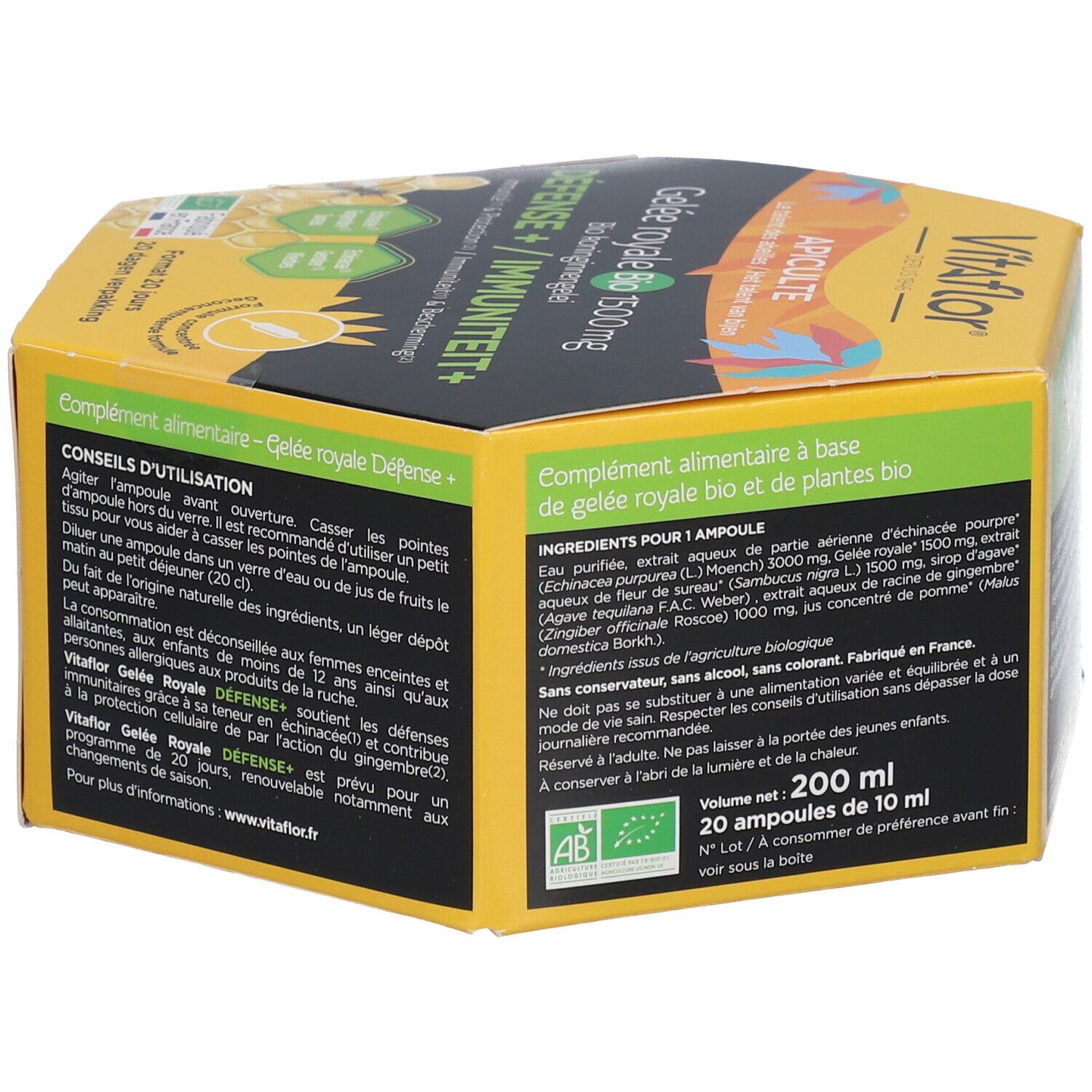 Boîte hexagonale jaune. Logo Vitaflor. Texte: Gelée Royale Bio 1500mg, Défense + Immunité+. 20 ampoules.