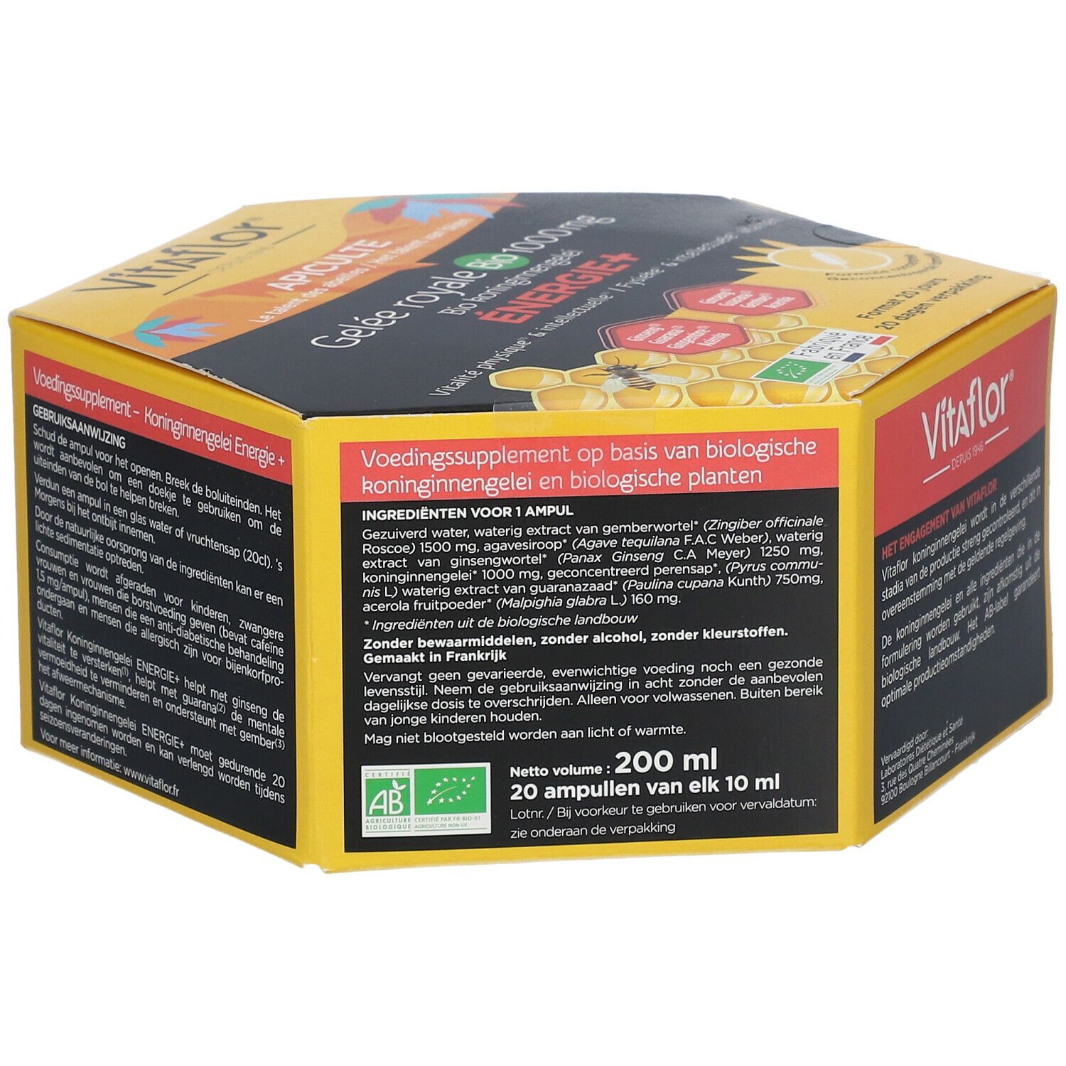 Achterkant van de zeshoekige doos. Bevat ingrediënten en voedingswaarde. AB-label en volume.