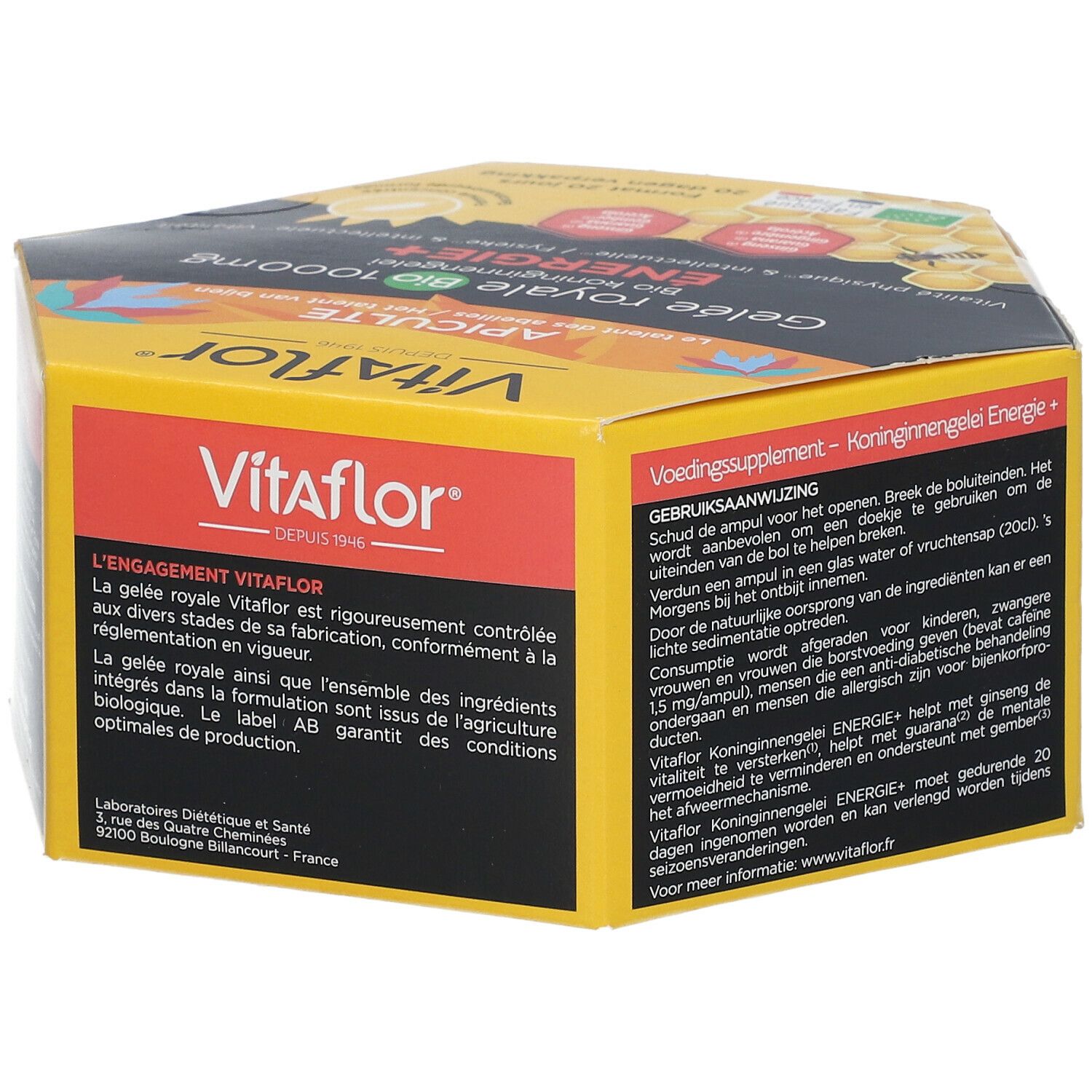 Zeshoekige doos met Vitaflor-logo en productinfo. Bevat 20 ampullen. AB-label.