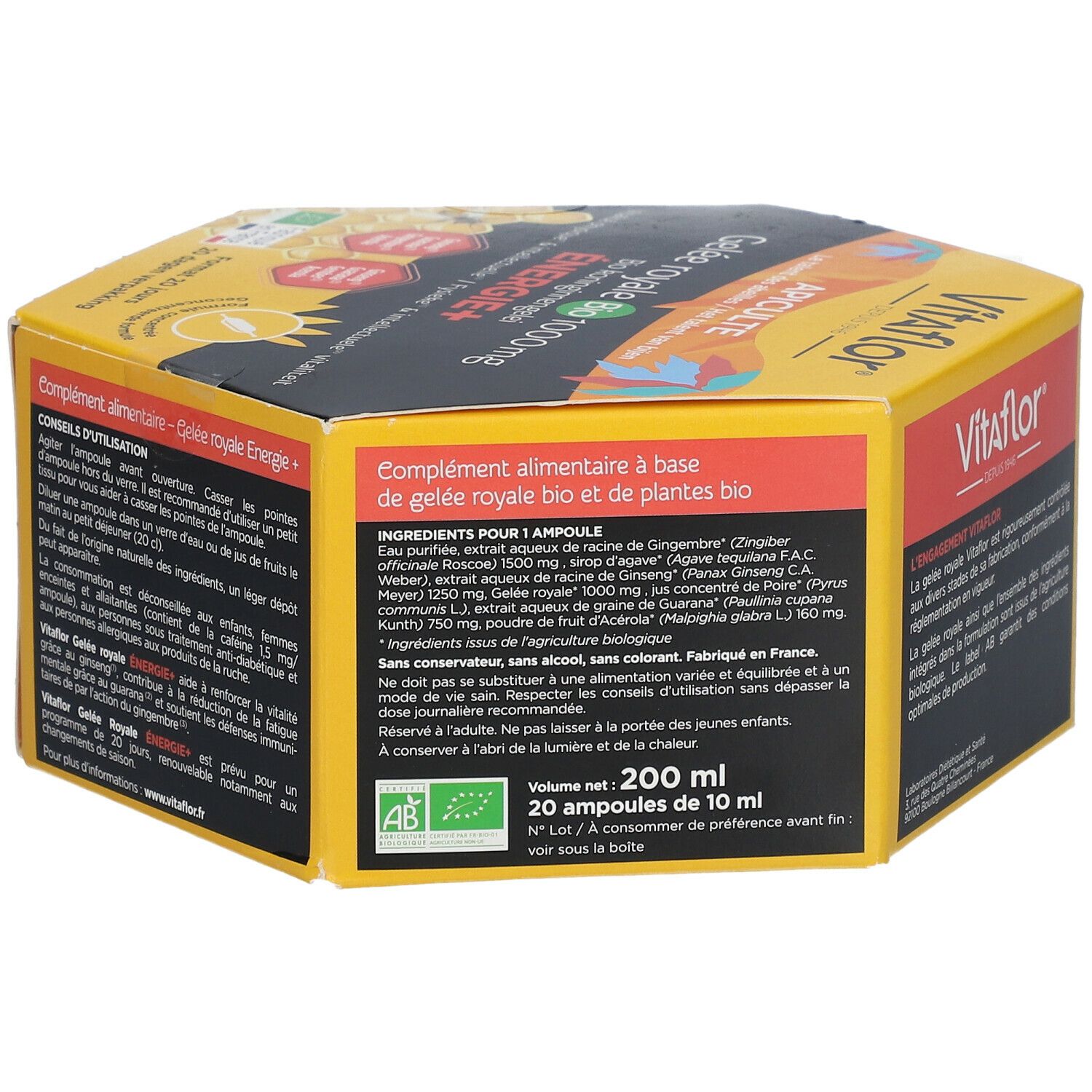 Zeshoekige doos met Vitaflor-logo en productinfo. Bevat 20 ampullen. AB-label.