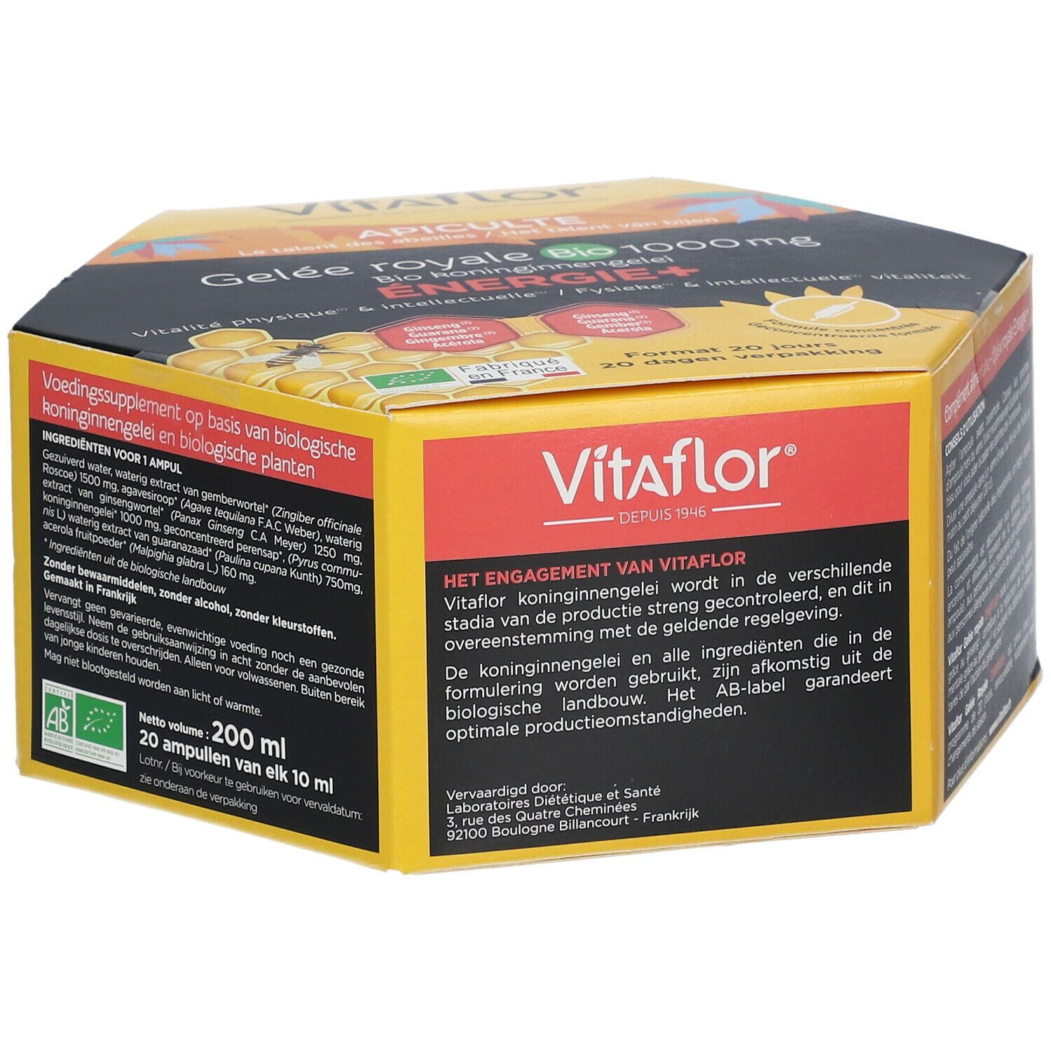 Achterkant van de zeshoekige doos. Bevat ingrediënten en voedingswaarde. AB-label en volume.