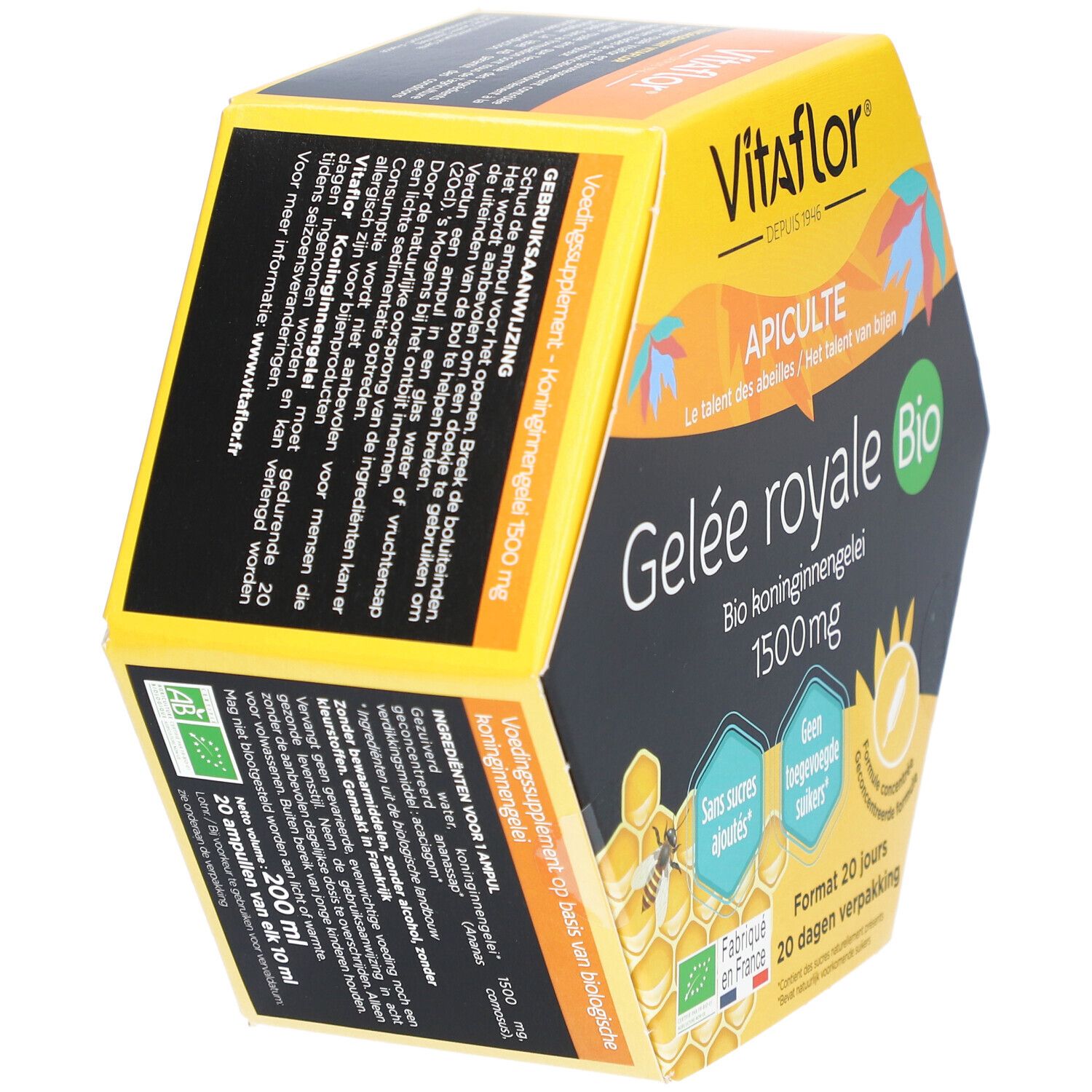 Sechseckige Verpackung. Aufschrift: Vitaflor, Gelee royale Bio 1500 mg. Bio-Siegel. Format 20 Tage. Text in Niederländisch.
