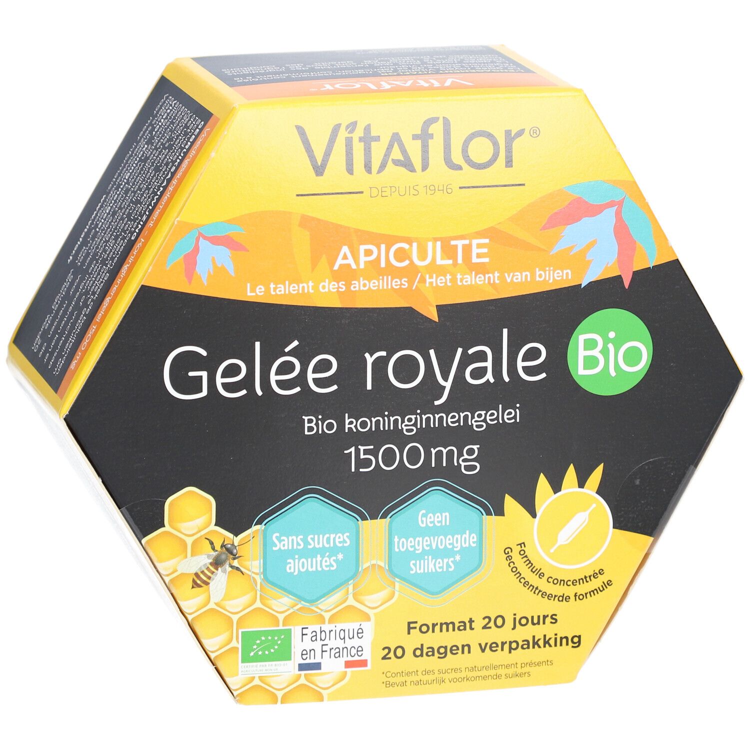 Sechseckige Verpackung. Aufschrift: Vitaflor, Gelee royale Bio 1500 mg. Bio-Siegel. Format 20 Tage. Ohne Zuckerzusatz.
