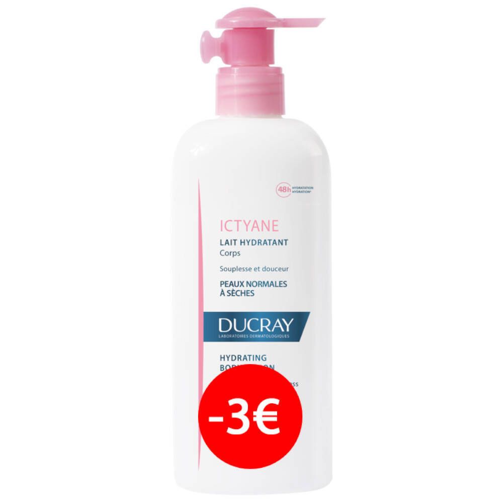 Flacon blanc avec pompe rose. Inscription: Ictyane, Lait Hydratant Corps, Ducray. Autocollant rouge: -3€.