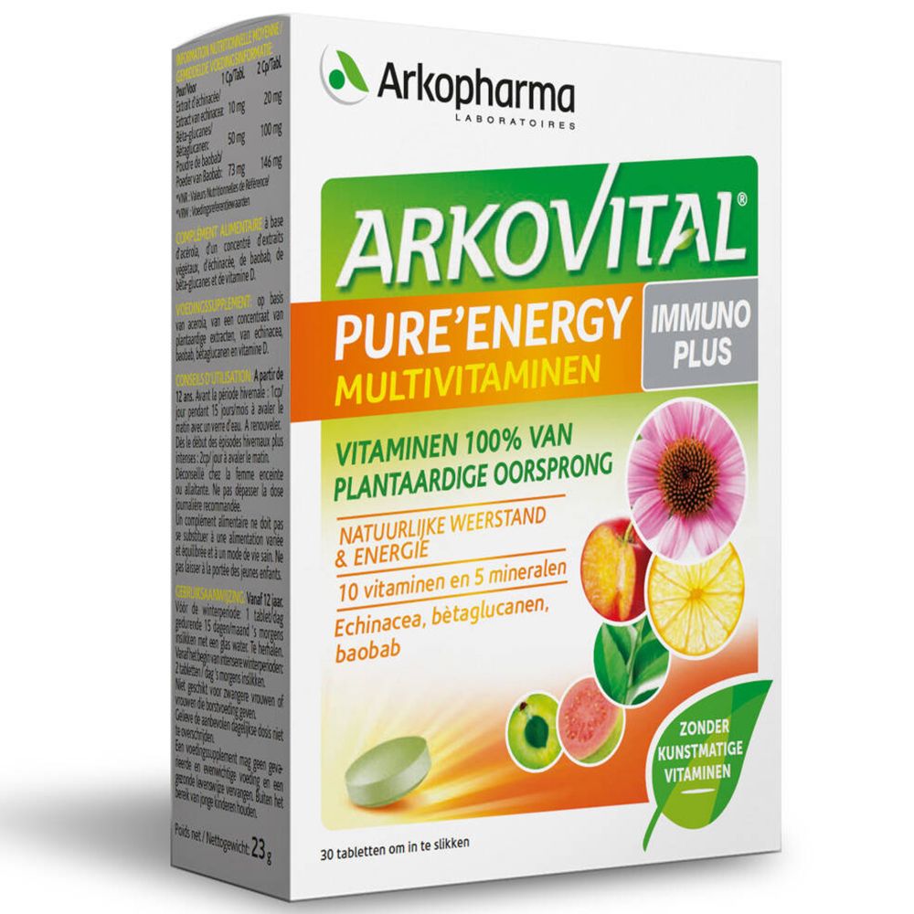 Boîte de ARKOVITAL® Pure Energy Multivitamin Immun Plus. Contient 30 comprimés. Vitamines, minéraux et extraits de plantes.