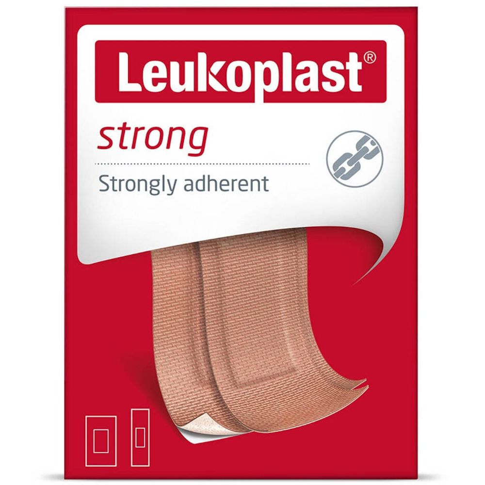 Leukoplast strong. Zwei Pflaster, beige. Rote Verpackung mit Produktnamen und Logo.