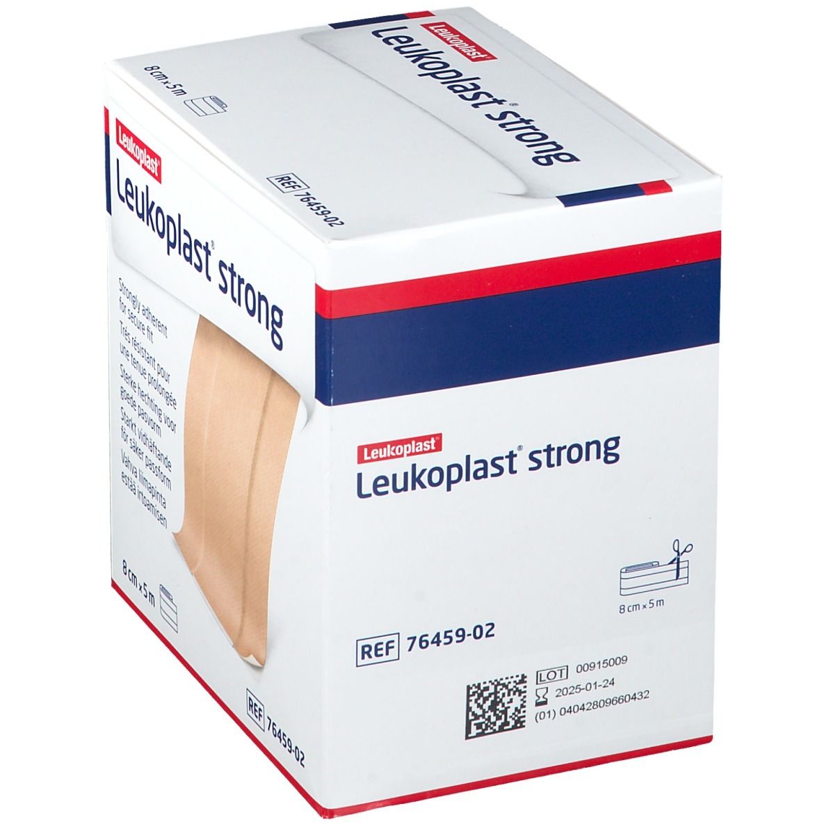Emballage de Leukoplast® strong. 8 cm x 5 m. Nom, taille et référence du produit clairement visibles. Emballage en biais.