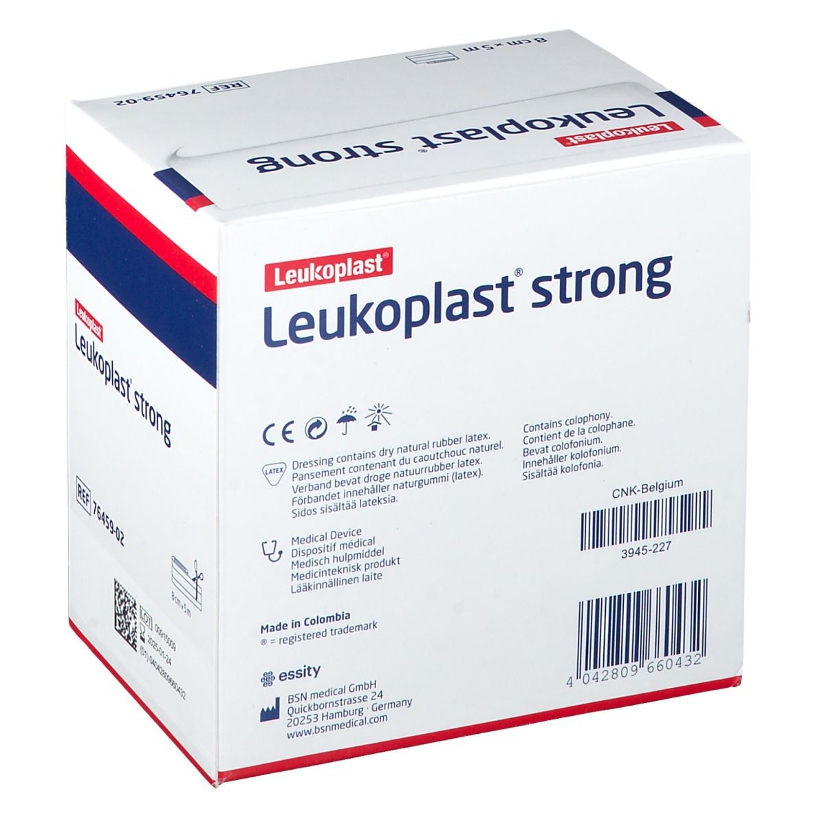 Emballage de Leukoplast® strong. 8 cm x 5 m. Nom, taille et marquage CE visibles. Verso de l'emballage.