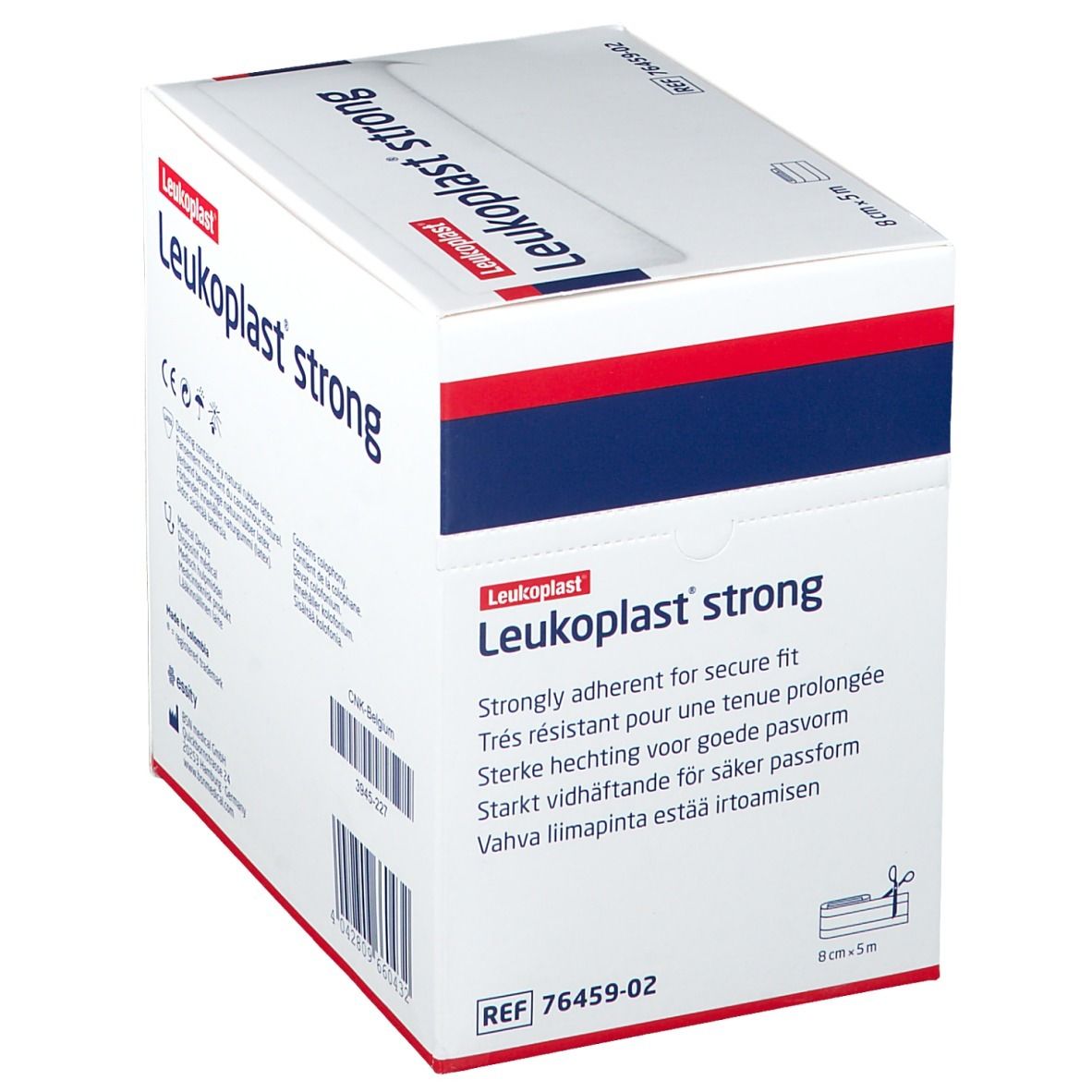 Emballage de Leukoplast® strong. 8 cm x 5 m. Nom, taille et référence visibles. Emballage en biais.