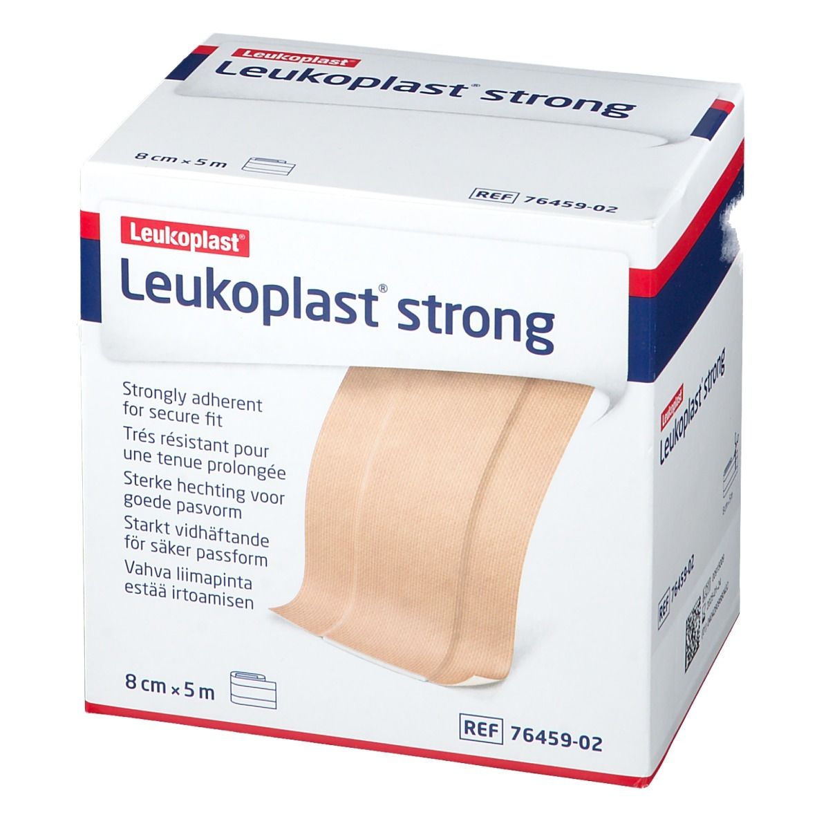 Emballage de Leukoplast® strong. 8 cm x 5 m. Bandes adhésives beiges visibles. Nom du produit et taille clairement indiqués.