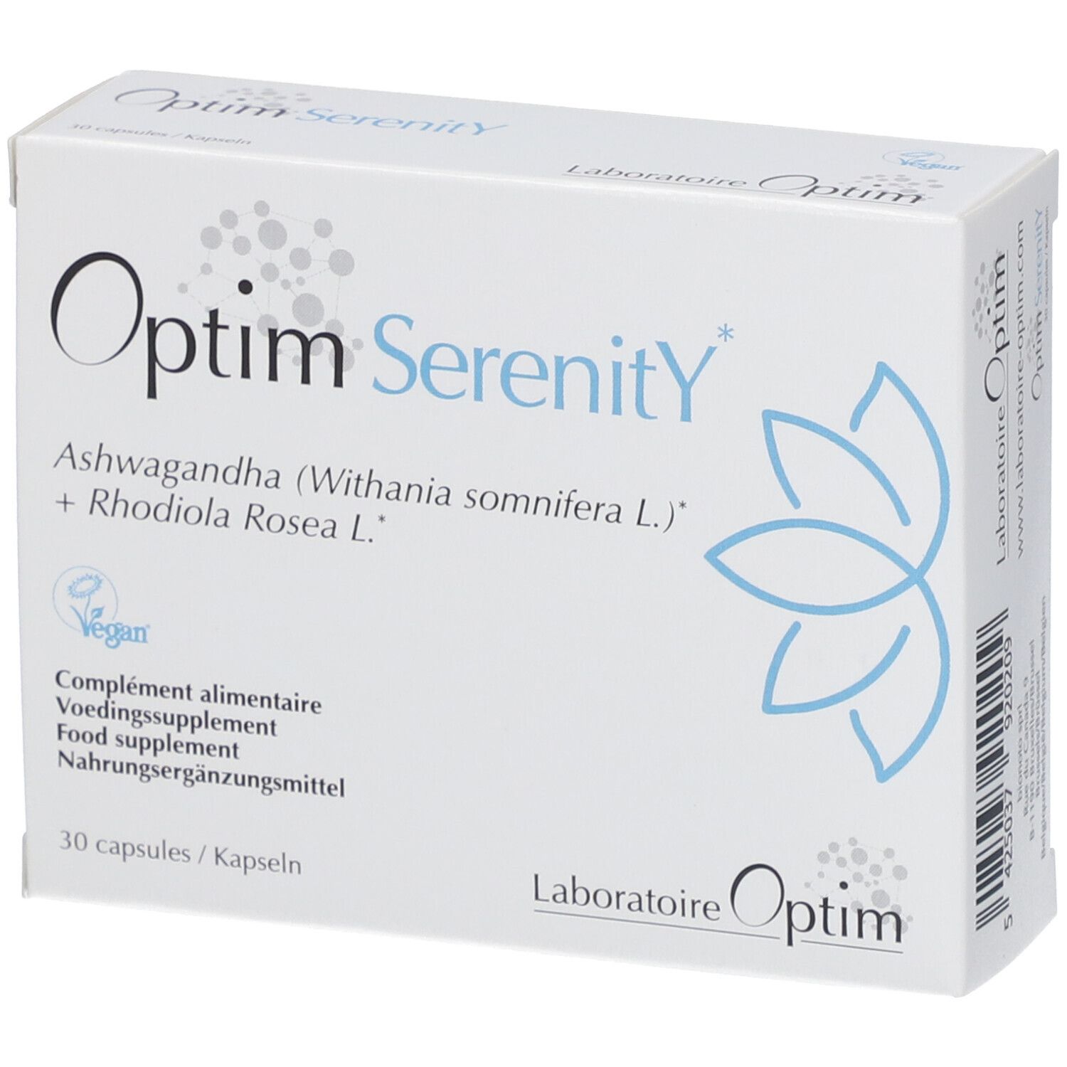 Boîte blanche "Optim Serenity". Contient 30 capsules. Logo Vegan. Logo "Laboratoire Optim".