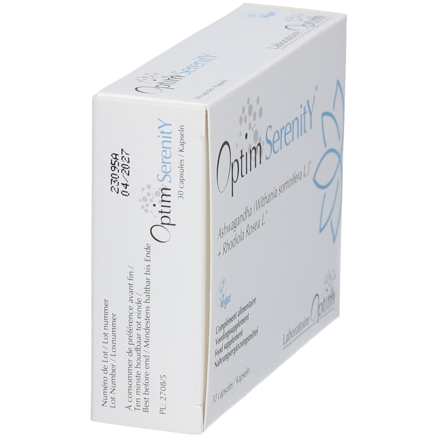 Vue latérale de la boîte "Optim Serenity". Contient 30 capsules. Date limite 04/2027. Logo "Laboratoire Optim".