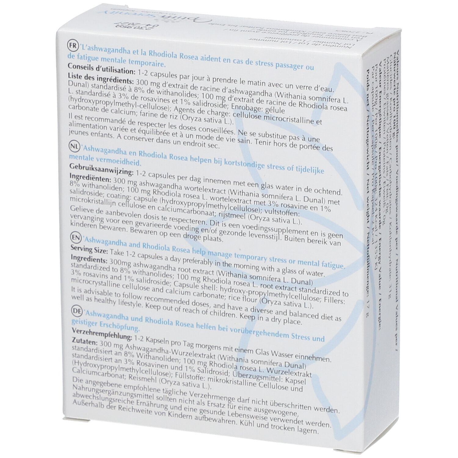 Dos de la boîte "Optim Serenity". Texte multilingue. Informations sur les ingrédients et le dosage.