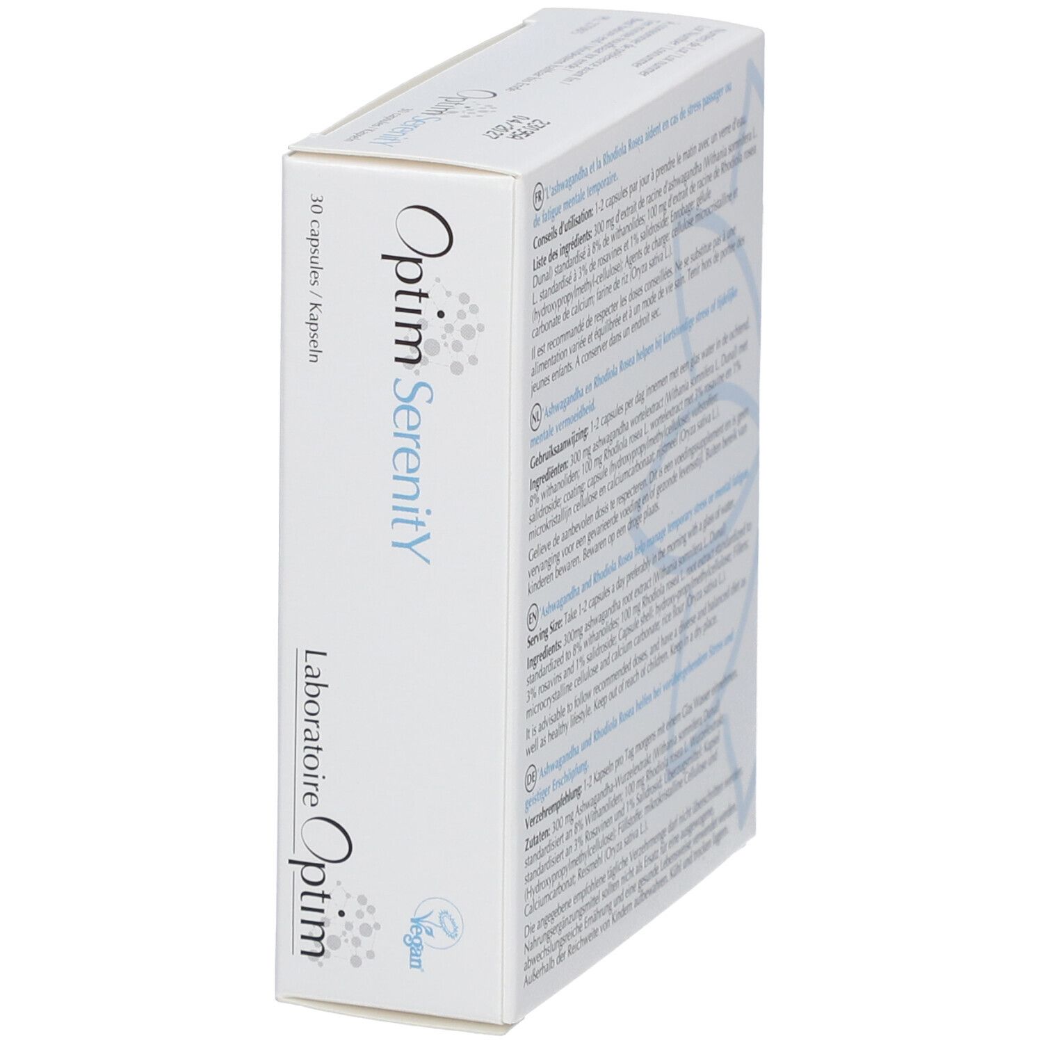 Vue en biais de la boîte "Optim Serenity". Contient 30 capsules. Logo "Laboratoire Optim". Label Vegan.