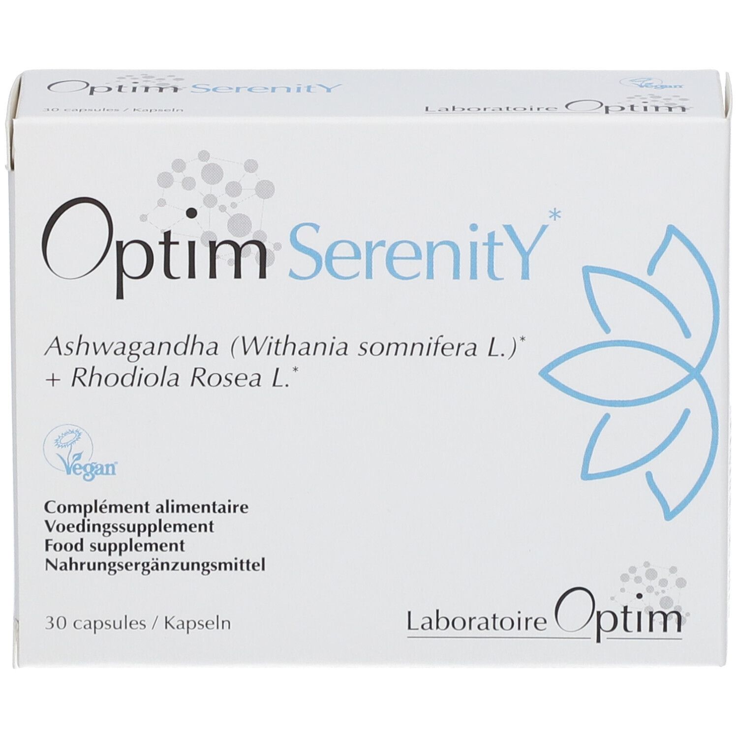Boîte blanche "Optim Serenity". Contient 30 capsules. Label Vegan. Logo "Laboratoire Optim". Ashwagandha + Rhodiola Rosea.