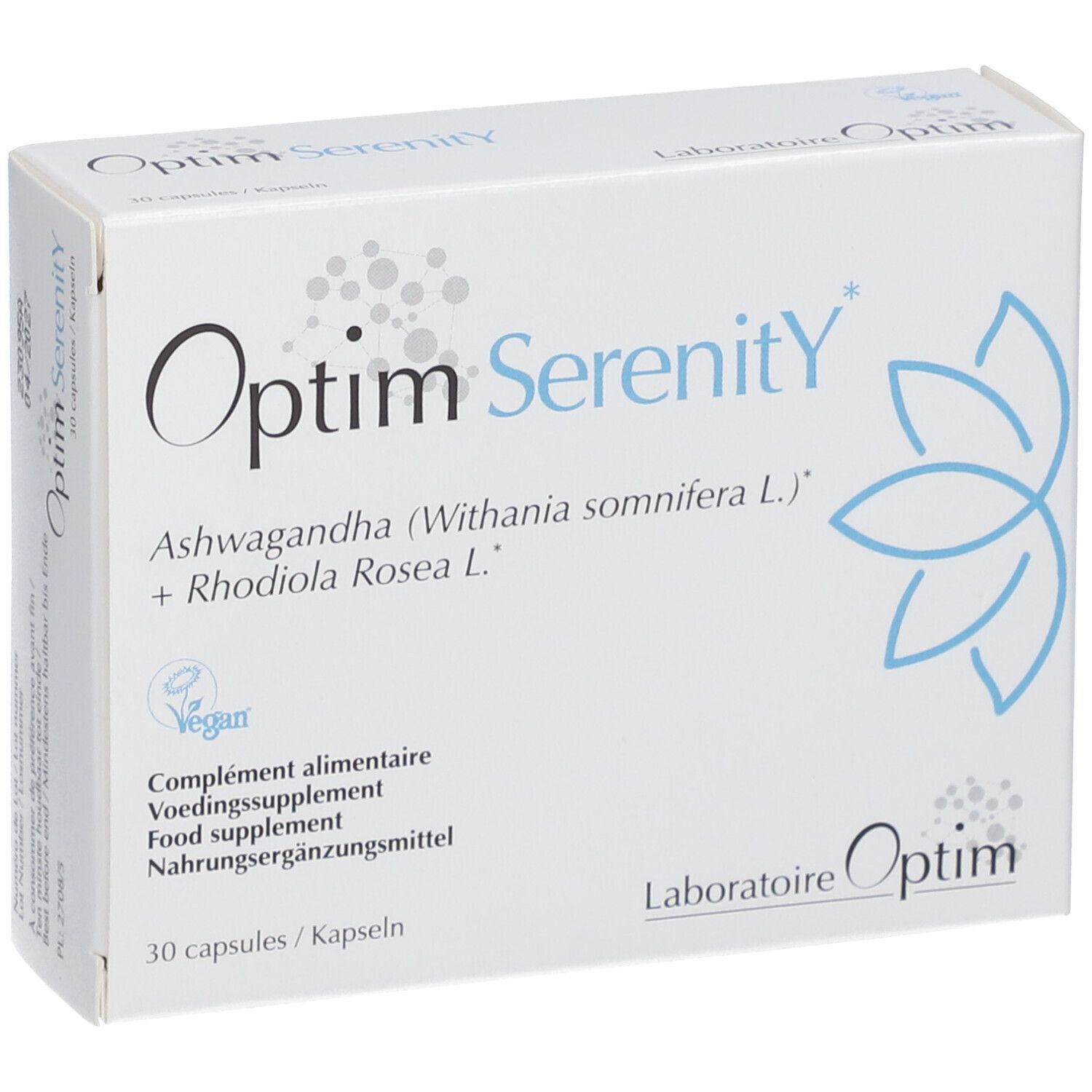 Boîte blanche "Optim Serenity". Contient 30 capsules. Label Vegan. Logo "Laboratoire Optim". Ashwagandha + Rhodiola Rosea.