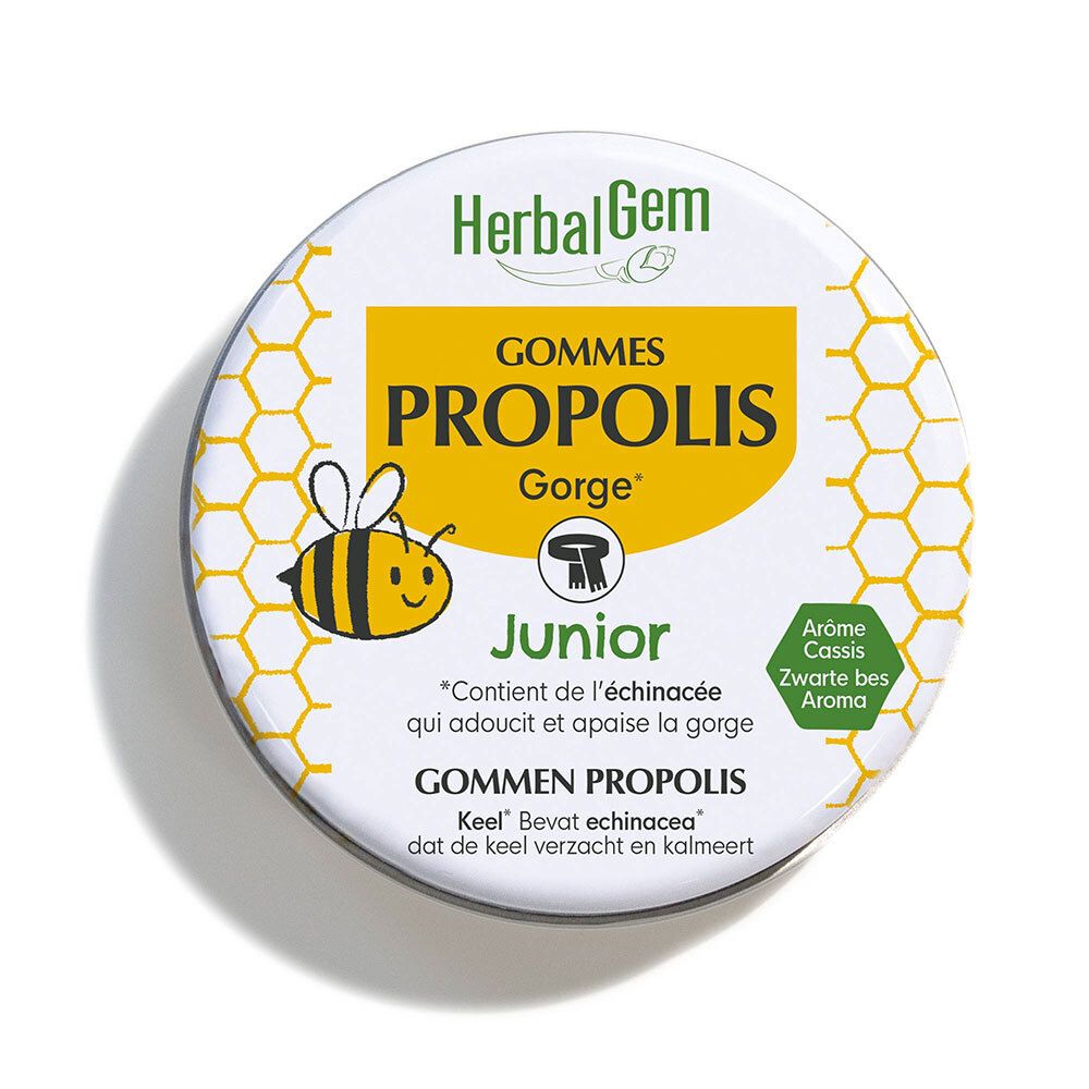 Ronde doos 'Gommes Propolis Gorge Junior'. Geel deksel, bijenontwerp en tekst. Opschrift 'Junior'.