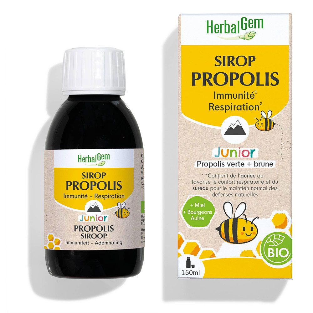 Flacon brun avec bouchon blanc et étiquette jaune et blanche. À côté, une boîte avec informations produit et logo.