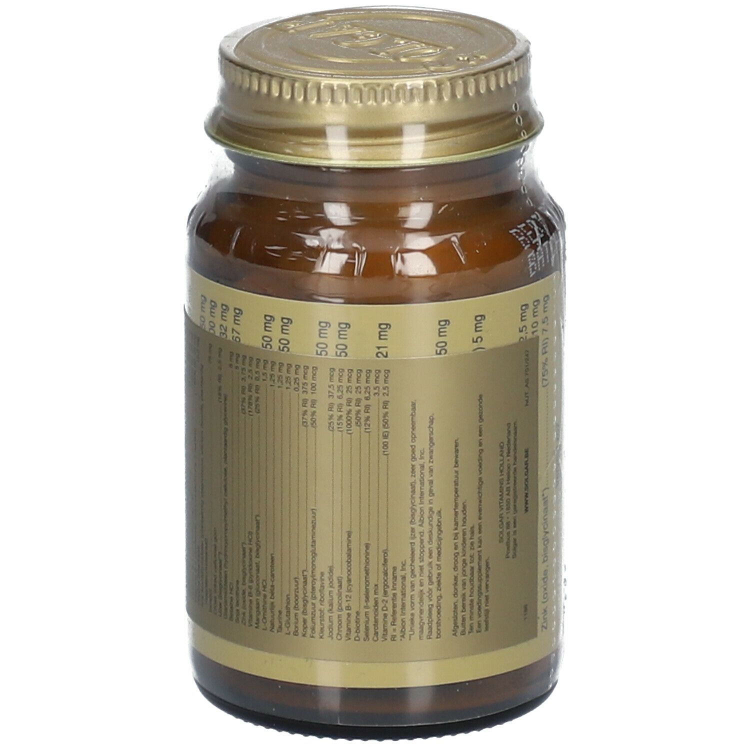 Flacon en verre brun avec bouchon doré. Étiquette avec informations nutritionnelles. Plusieurs ingrédients listés.