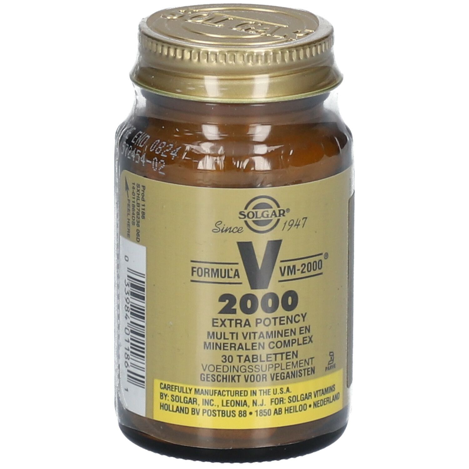 Flacon en verre brun avec bouchon doré. Inscription: SOLGAR® VM-2000, 30 comprimés. Extra Potency.