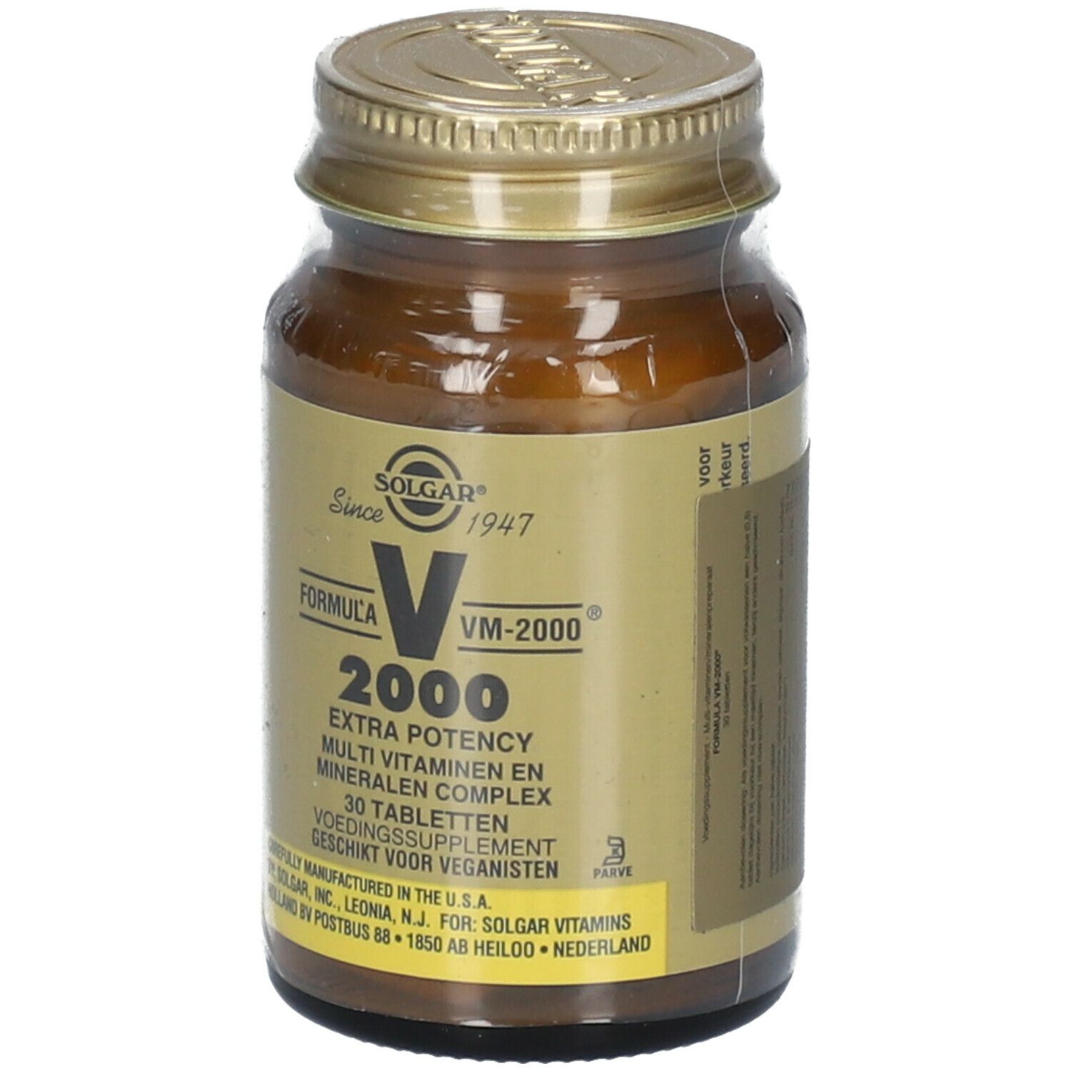 Flacon en verre brun avec bouchon doré. Inscription: SOLGAR® VM-2000, 30 comprimés. Extra Potency.
