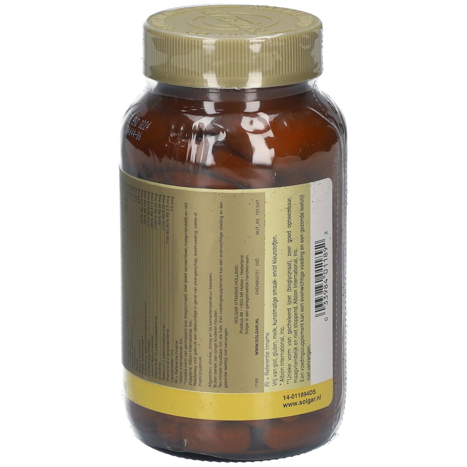 Rückansicht der braunen Flasche mit SOLGAR® VM-2000® Tabletten. Etikett mit Text. Goldfarbener Deckel.