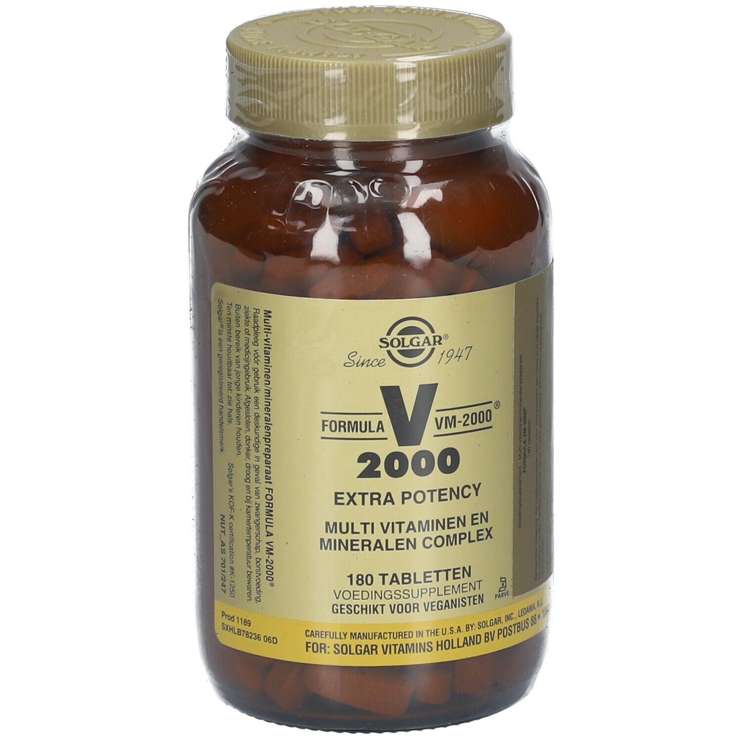 Braune Flasche mit SOLGAR® VM-2000® Tabletten. Etikett mit Produktinformationen. Goldfarbener Deckel.