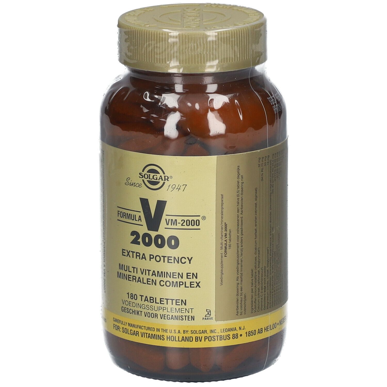 Braune Flasche mit SOLGAR® VM-2000® Tabletten. Etikett mit Produktinformationen. Goldfarbener Deckel.