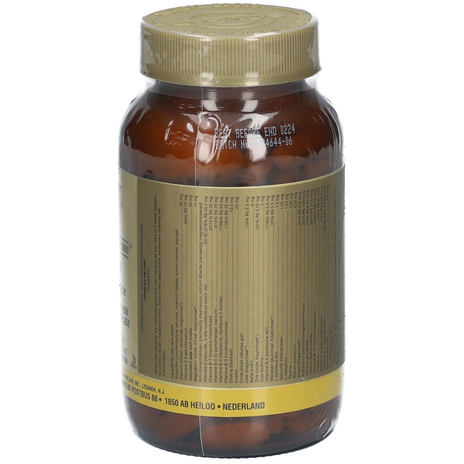Rückansicht der braunen Flasche mit SOLGAR® VM-2000® Tabletten. Etikett mit Text. Goldfarbener Deckel.