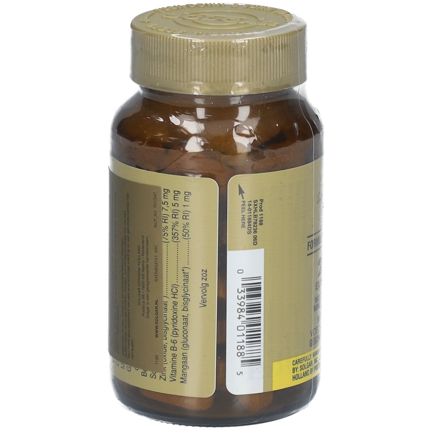 Dos du flacon en verre brun de SOLGAR® VM-2000®. Étiquette avec ingrédients et code-barres. Bouchon doré.