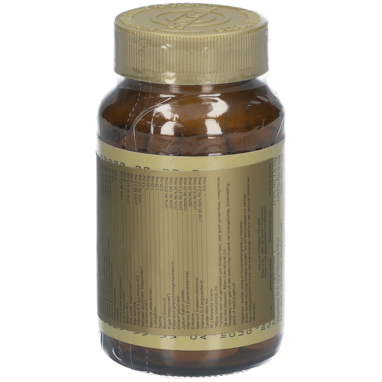 Vue arrière du flacon en verre brun de SOLGAR® VM-2000®. Étiquette avec ingrédients. Bouchon doré.