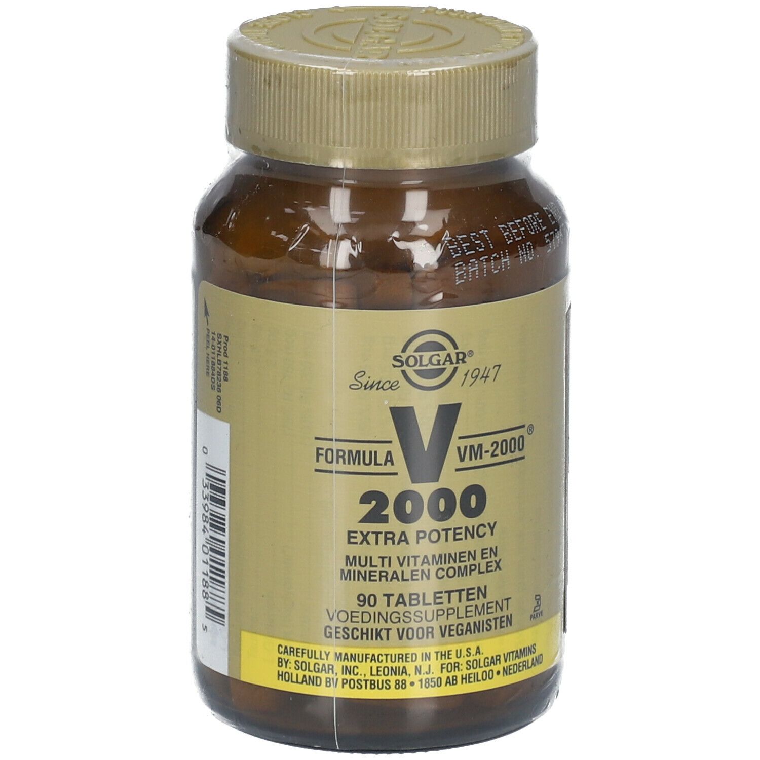 Flacon en verre brun de SOLGAR® VM-2000®. Inscription : Extra Potency, 90 comprimés. Bouchon et étiquette dorés.