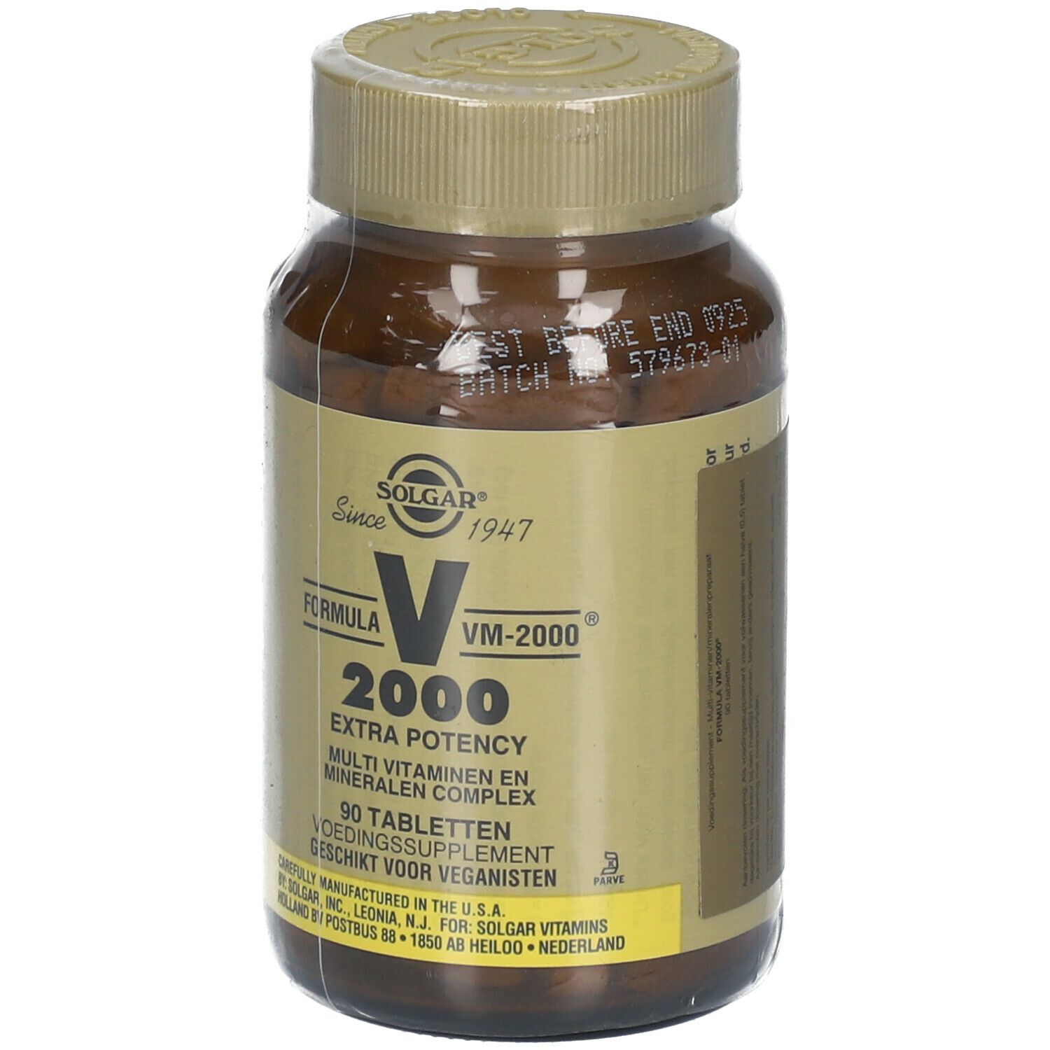 Flacon en verre brun de SOLGAR® VM-2000®. Inscription : Extra Potency, 90 comprimés. Bouchon et étiquette dorés.